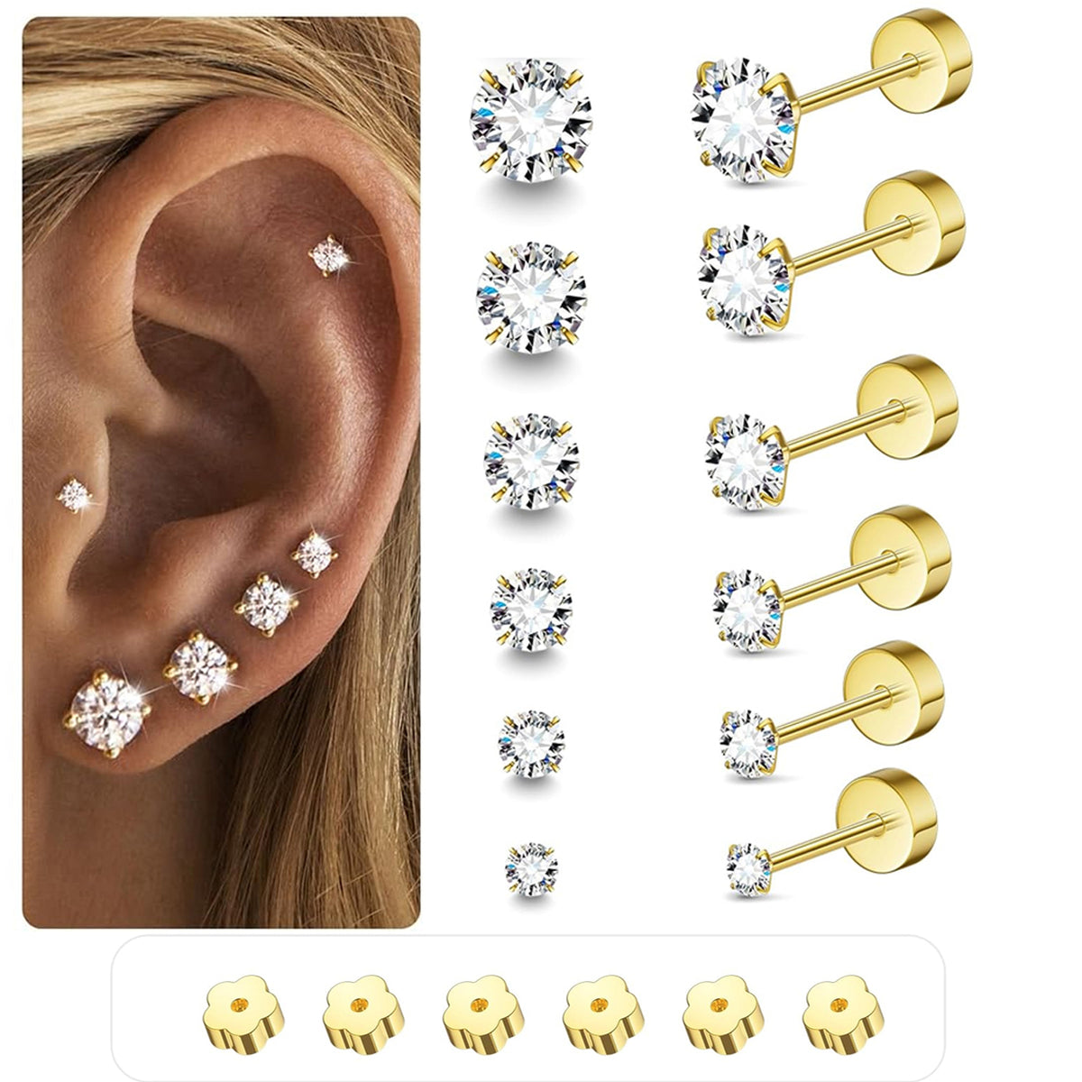 LAURITAMI 20G Flat Back Stud Earrings for Women Men Hypoallergenic 14K Gold Plated Surgical Steel Stack Cartilage Earrings for Multiple Piercing Sensitive Ears Bonus