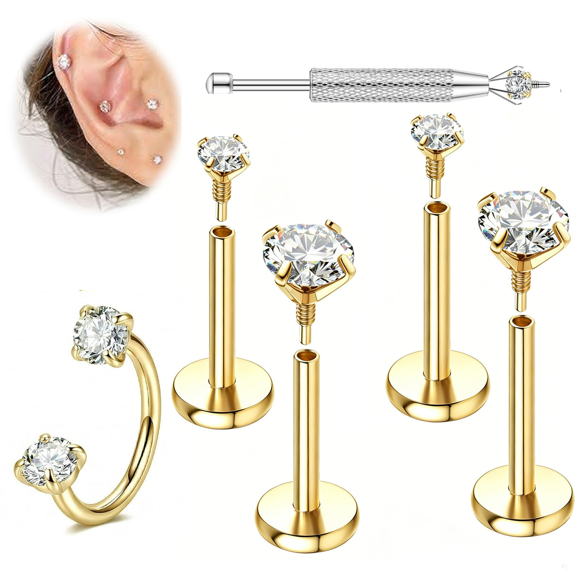 LAURITAMI 18G Flat Back Earrings Hypoallergenic-Threadless Nose Rings Studs for Women Men 14K Gold Plated Surgical Steel Cartilage Helix Tragus Labret Piercing Jewelry Kit Taper Ball Grabber Tool