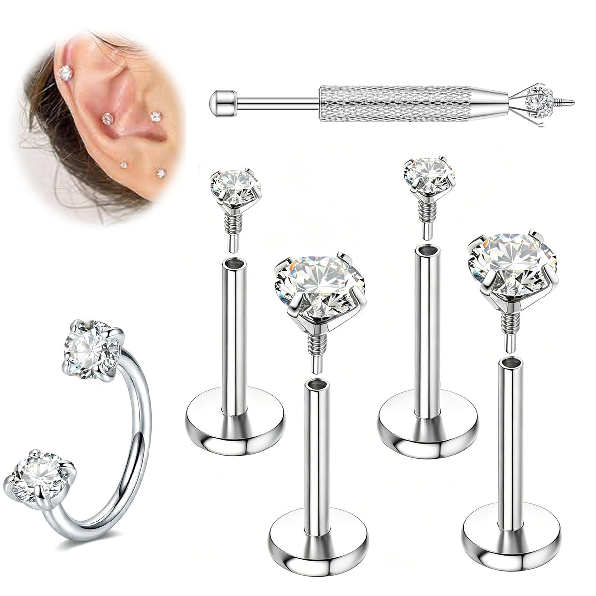 LAURITAMI 18G Flat Back Earrings Hypoallergenic-Threadless Nose Rings Studs for Women Men Surgical Steel Cartilage Helix Tragus Labret Piercing Jewelry Kit Taper Ball Grabber Tool