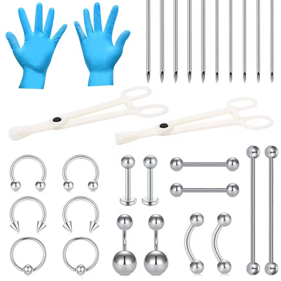 LAURITAMI 26Pcs Piercing Kit Stainless Steel 14/16/20G Lip Nose Tongue Tragus Cartilage Piercing Jewelry