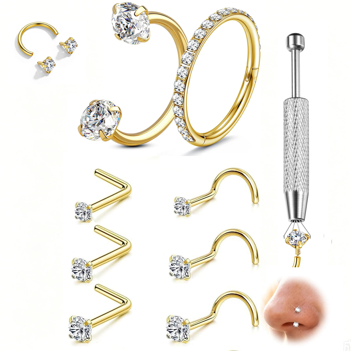LAURITAMI 18G Horseshoe Nose Rings for Women Internally Threaded Surgical Steel L Shape Corkscrew Nose Ring Studs Gold Plated Septum Cartilage Tragus Helix Lip Nostril
