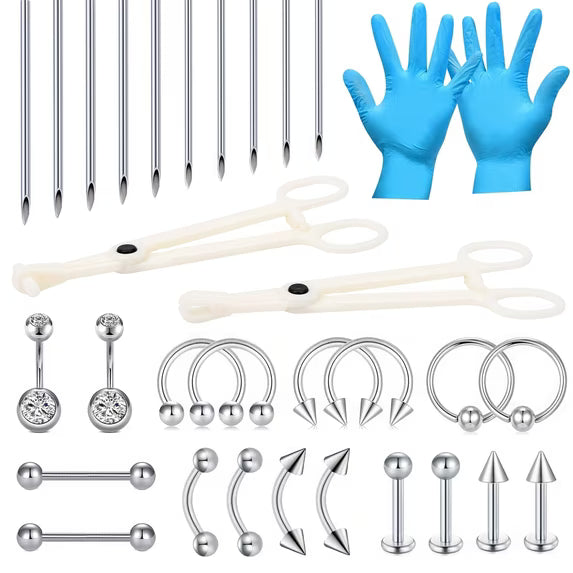 LAURITAMI 32Pcs Body Piercing Kit 14/16G Tools For Nose Tongue Lip Ear Eyebrow Piercing Clamps