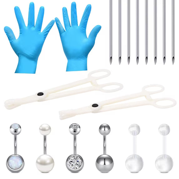 LAURITAMI 18Pcs Body Piercing Kit 14G Tools For Nose Tongue Belly Button Cartilage Piercing Clamps