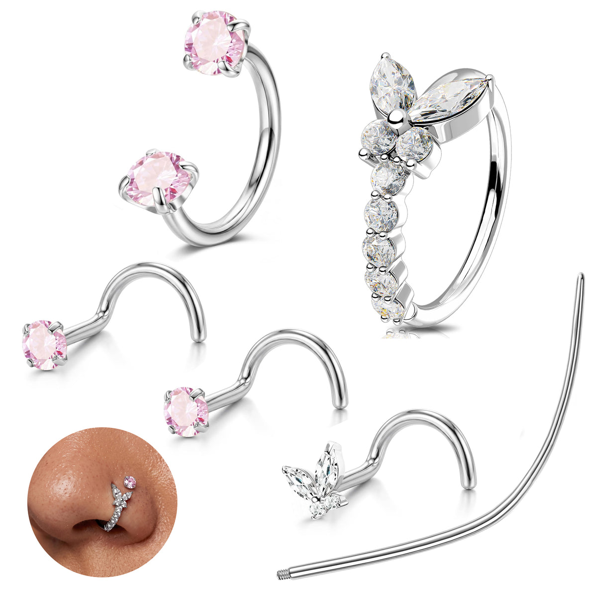 LAURITAMI 18G Horseshoe Hoops Nose Rings Studs for Women Hypoallergenic Stainless Threaded Butterfly Nose Piercings with Tapper Tools