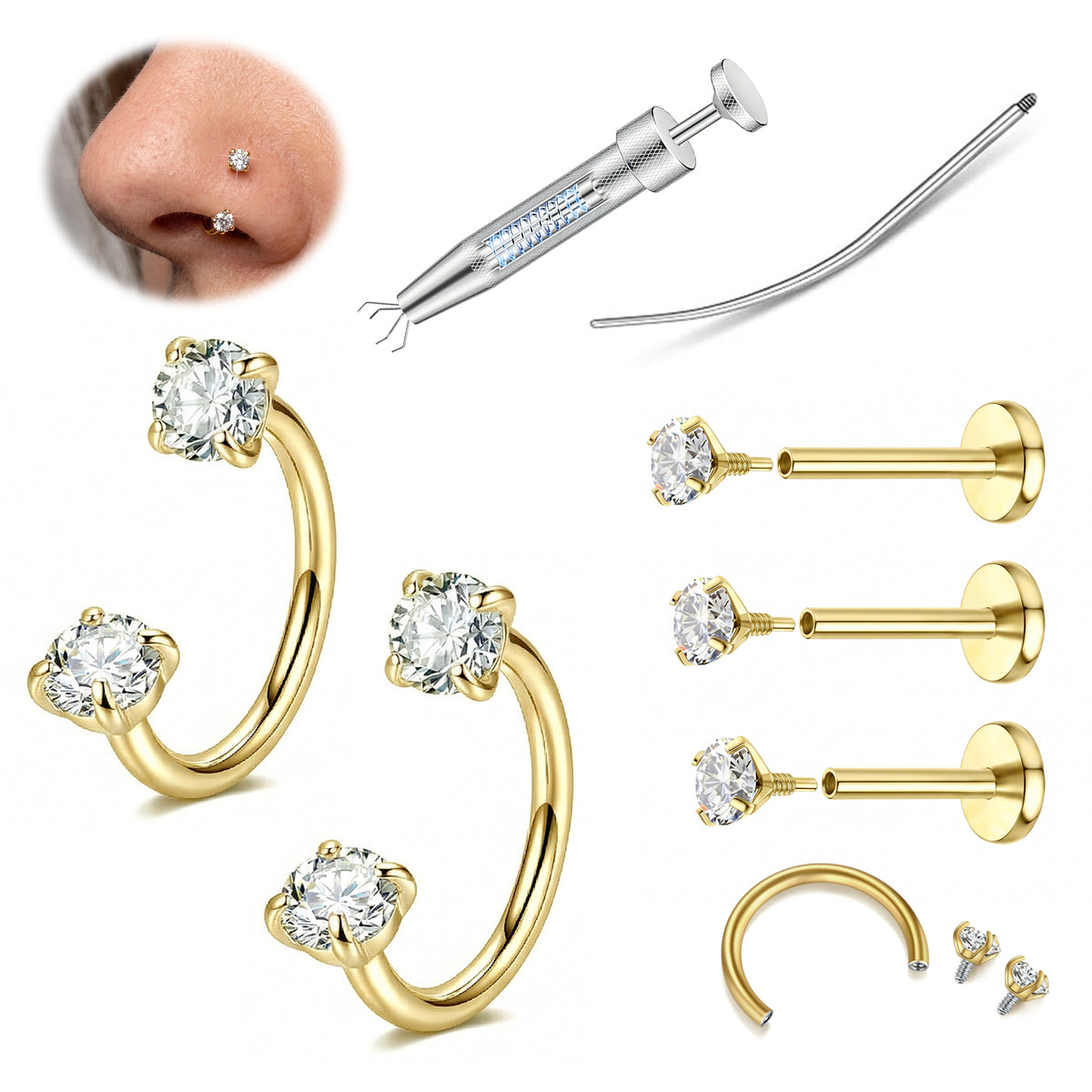 LAURITAMI 18G Horseshoe Nose Ring with Internally Threaded Flat Back Labret Studs and Tools for Tragus Helix Cartilage Lip Septum Piercing Jewelry