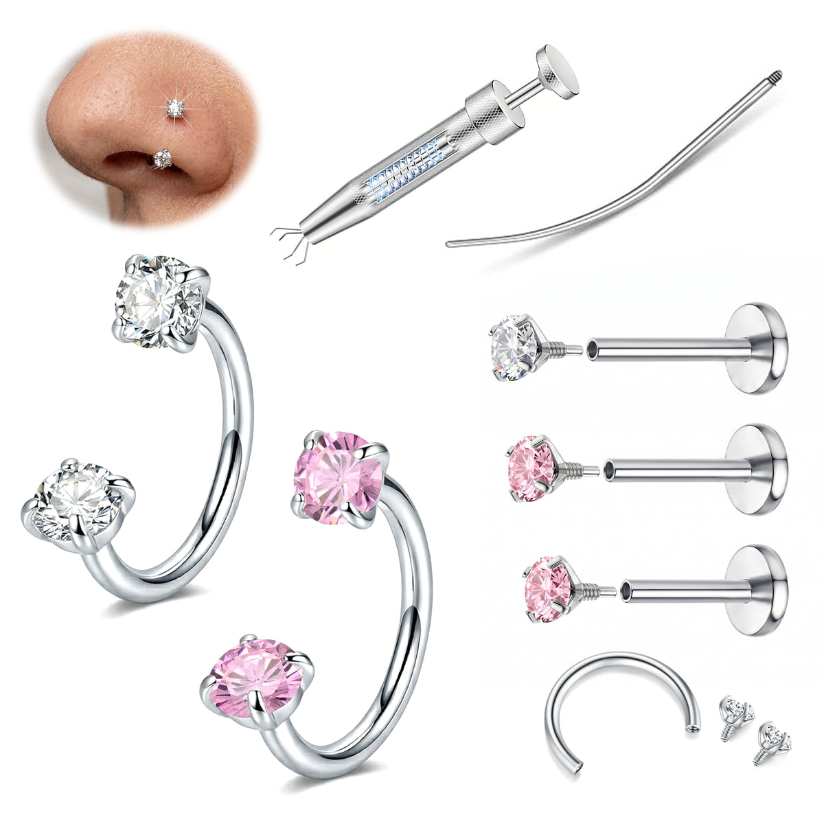 LAURITAMI Horseshoe Nose Ring 18G with Internally Threaded Flat Back Earrings and Tools