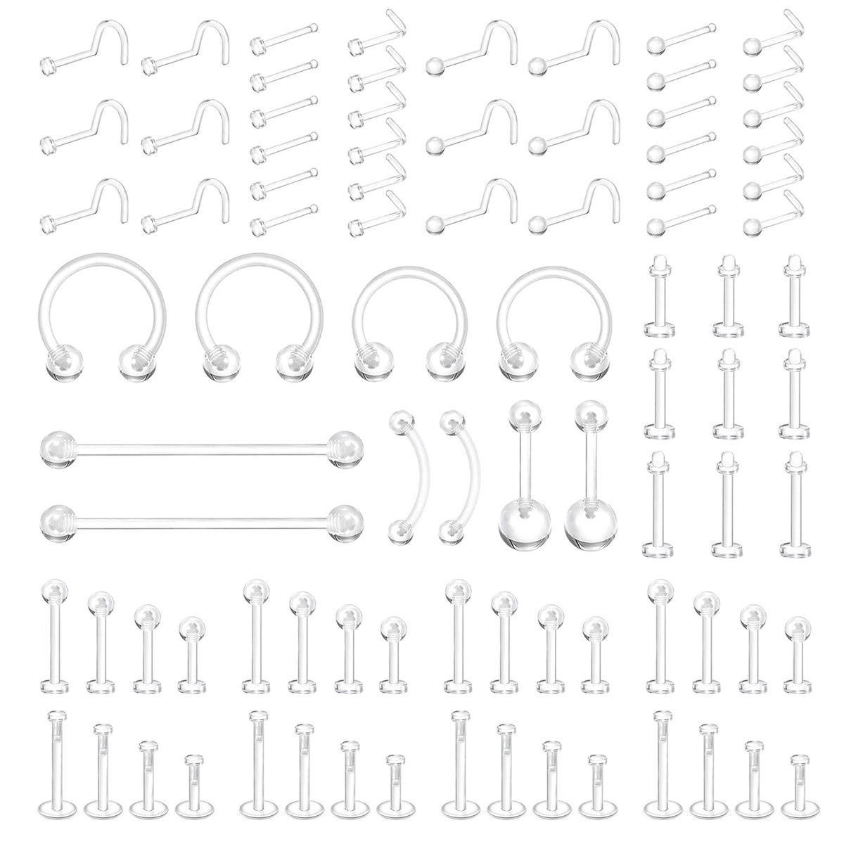 LAURITAMI 87Pcs Clear Nose Stud Piercing Plastic Clear Piercing Retainers for Nose Eyebrow Lip Septum Ear Navel Tongue